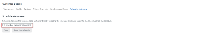 screen shot of the customer schedule statement page in IRIS Kashflow highlighting the activation checkbox