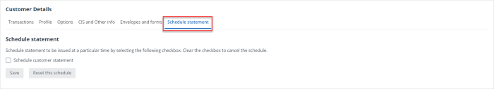 screen shot of the customer schedule statement page in IRIS Kashflow