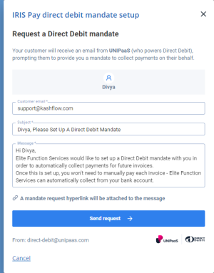 screenshot of the direct debit mandate setup form for IRIS pay