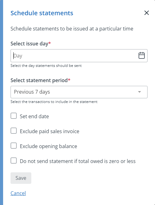 screen shot of the schedule statement options in IRIS Kashflow