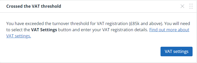 Example of the VAT threshold notification on IRIS KashFlow