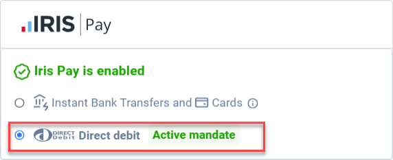screenshot of the direct debit widget in IRIS kashflow