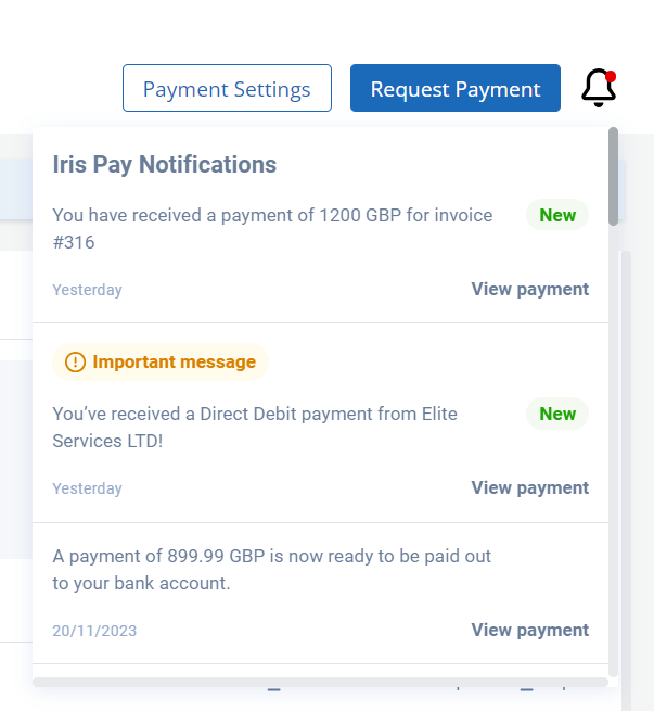 screenshot of the notifications from IRIS pay in IRIS Kashflow