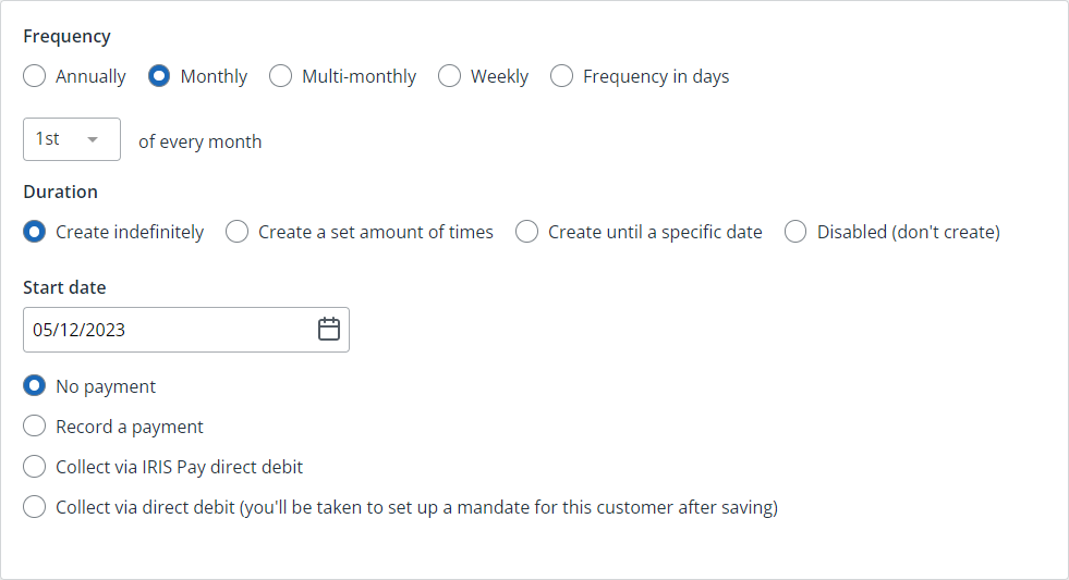 frequecy, duration and payment options for repeat invoices in IRIS KashFlow