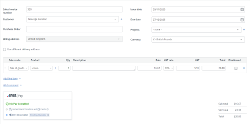 screenshot of create new invoice screen in iris kashflow