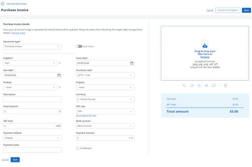 screenshot of the quick purchase invoice screen in IRIS Kashflow