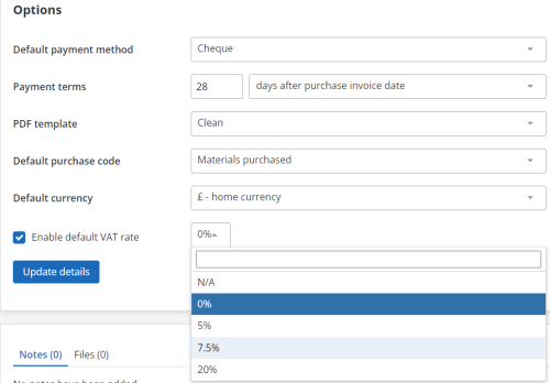 screenshot of the default vat rate feature in IRIS Kashflow