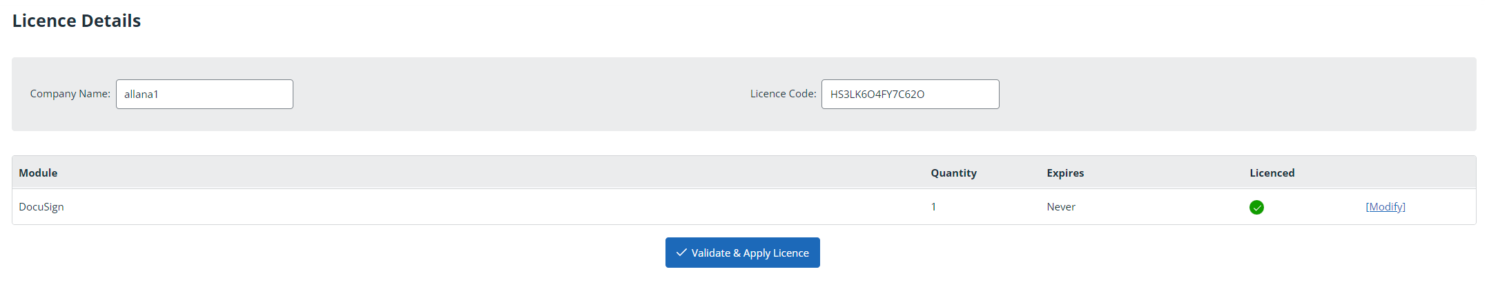 Licence Details page showing docusign licence as 'licenced'.