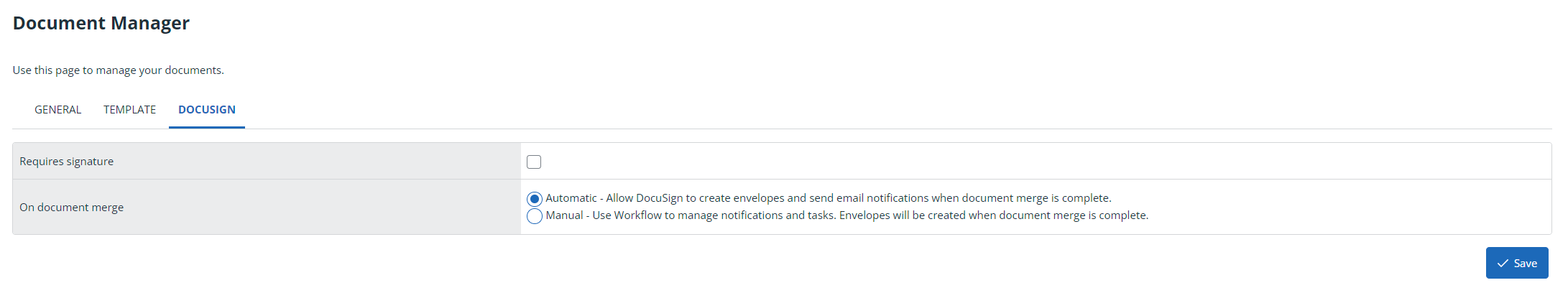 Docusign tab on document manager.