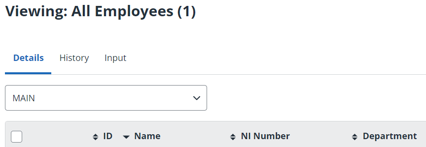 screenshot of the payroll employee record screen with tabs and dropdown menu.