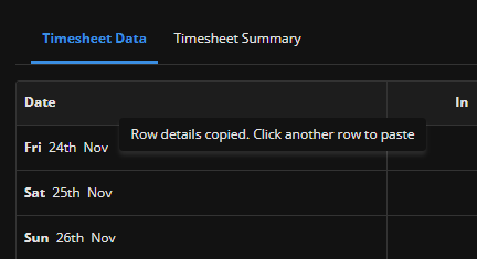screenshot of the self service timesheet showing a line of text reading 'row details copied. Click another row to paste' 