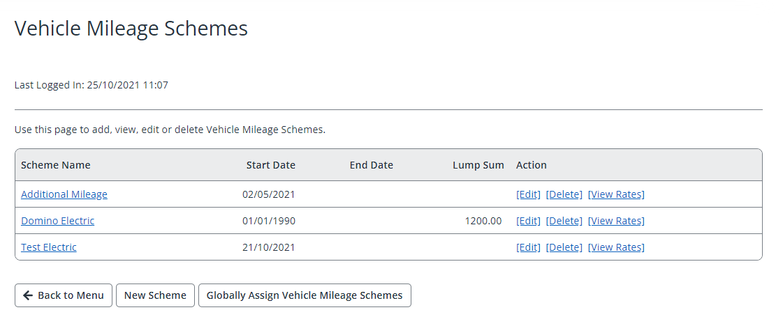 screenshot of mileage schemes screen.