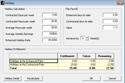 Holiday calculation screen fields 