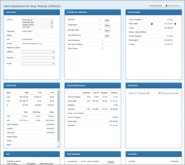 Client dashboard containing example dashlets.