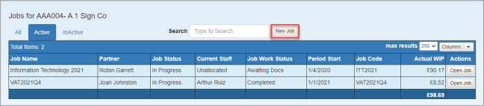Shows jobs for grid for the selected client with new job button highlighted.