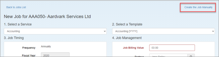 Shows new job for client page where a job can be created from a template.