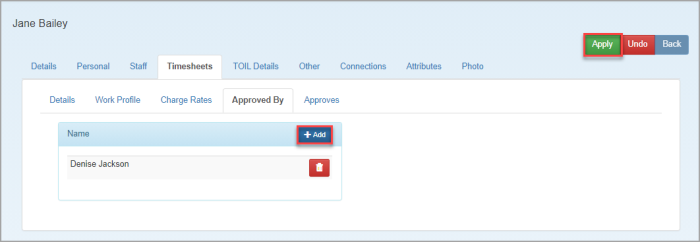 Staff page with Timesheets tab showing who approves them.