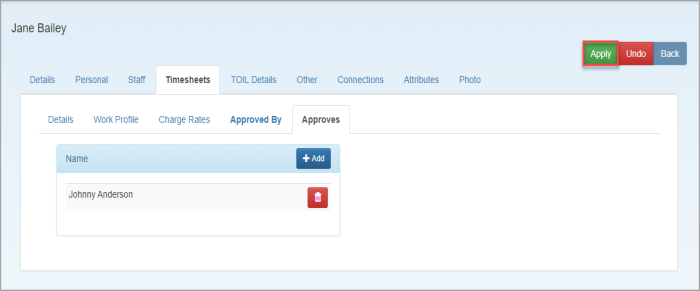Staff page showing selected timesheet approver.