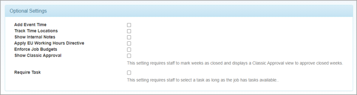 Timesheet Administration page showing Optional Settings panel.