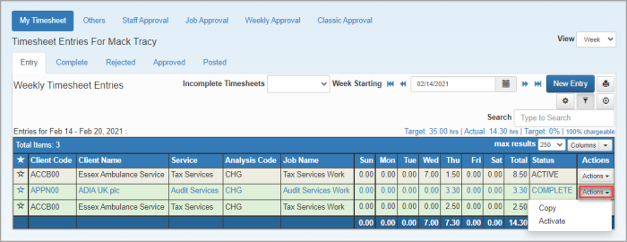 Timesheet Entries page with Activate menu highlighted.