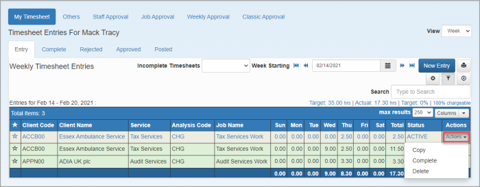 Timesheet Entries page with Complete menu highlighted.
