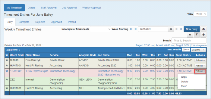 Timesheet Entry page with Delete menu option highlighted.