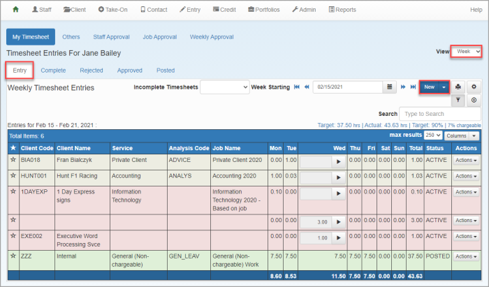 Timesheet Entries page with View drop-down and New button highlighted.
