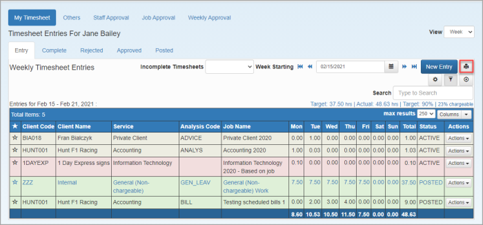 Timesheet Entries page with Print icon highlighted.