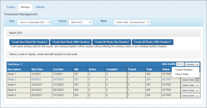 Timesheet Management with Close Week option highlighted.