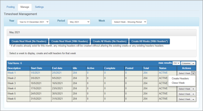 Timesheet Administration page with Create Headers menu highlighted.