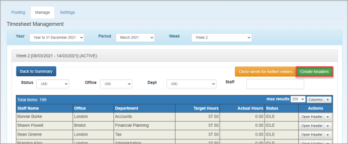 Timesheet Management page with Create Headers button highlighted.