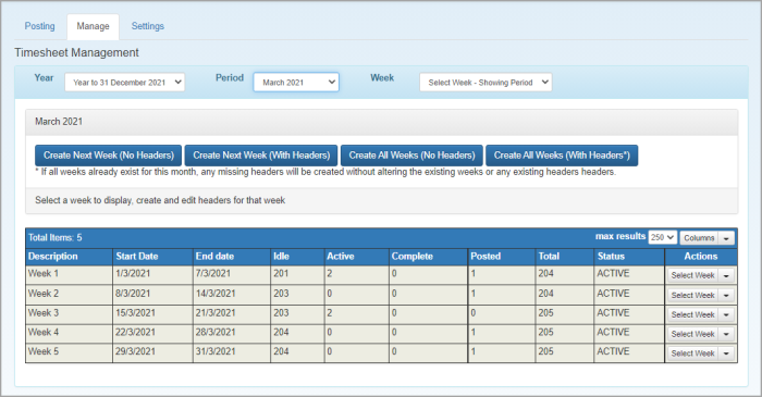 Timesheet Management page showing available timesheet weeks.