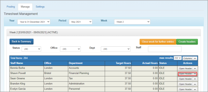Timesheet Administration page showing option to Open Header.